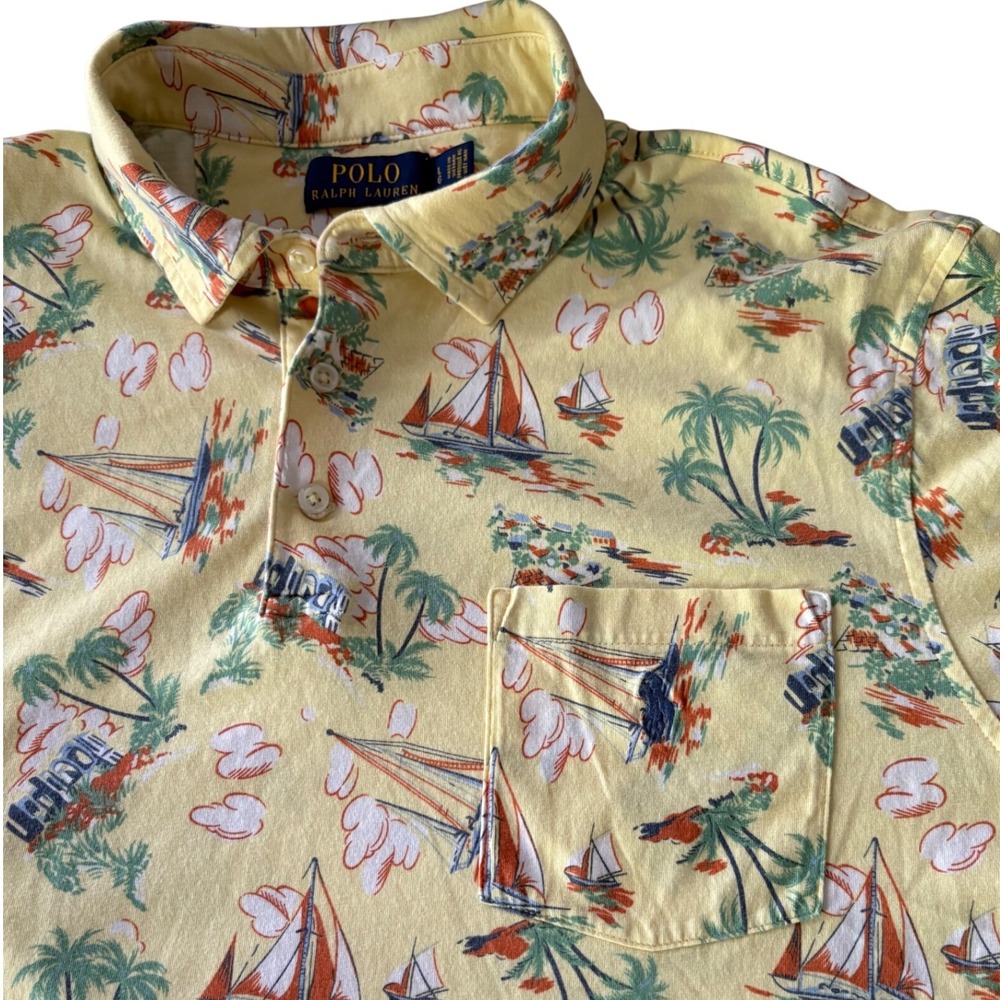 Polo Ralph Lauren Shirt L  Classic Fit Yellow Sailboat Palm Tree Nautical Print